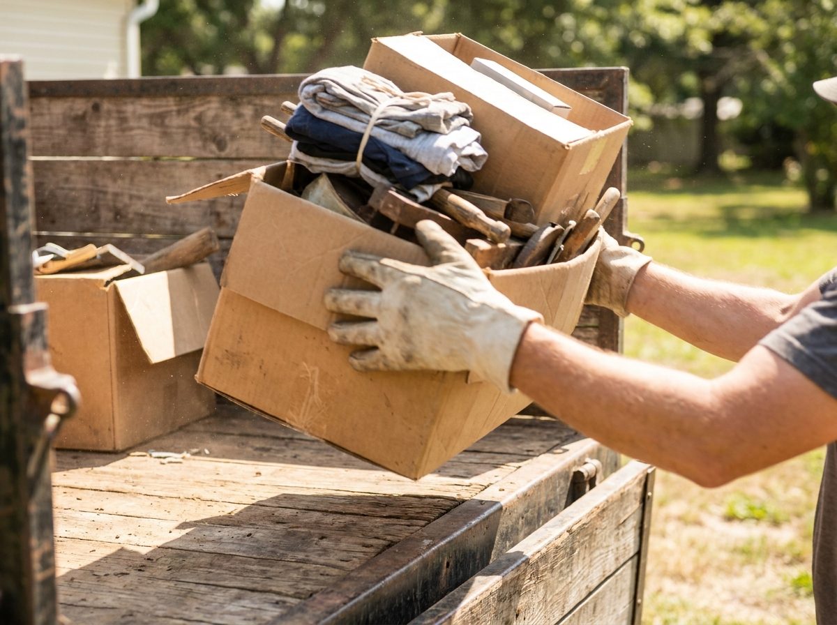 A HaulOff crew member lifting a stack of boxes onto the truck
