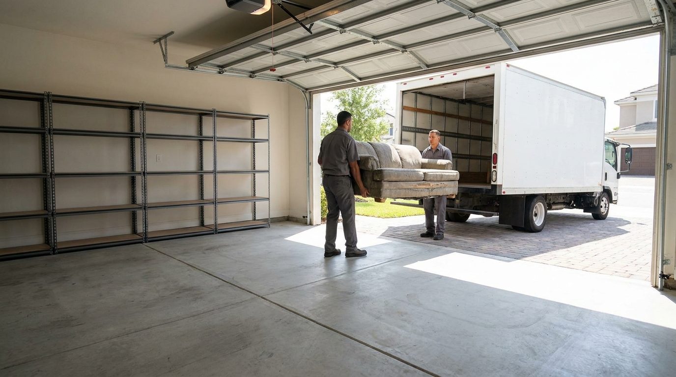 A garage cleared out by HaulOff, with the crew's truck backed into the open driveway